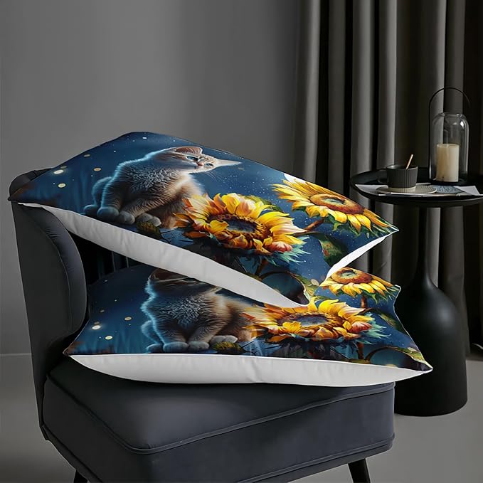 Ailonen Cute Cat Comforter Set, Full Size Sunflowers & Starry Moon, 3D Kawaii Duvet Set, 3 Pieces (1 Quilt & 2 Pillowcases)