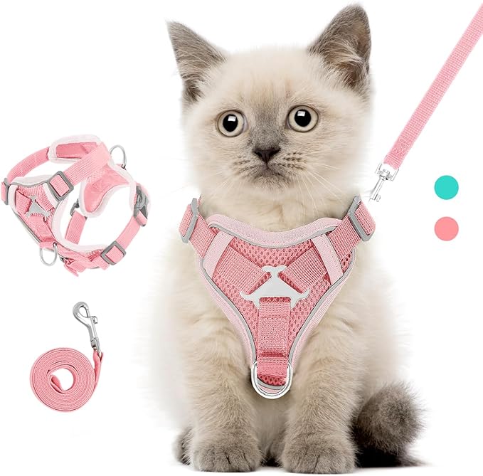 Cat Harness and Leash Set for Walking, Adjustable Kitten Vest Harness with Reflective Strip Breathable Mesh, Escape Proof Soft Pet Safety Vest for Cats, Kittens, Puppies, S, Pink