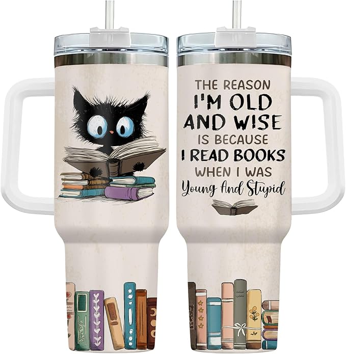 34HD Black Cat Mom Tumbler with Handle and Straw, 40oz Book Themed Cup Stainless Steel, Bookworm Coffee Mug, Cat and Book Birthday Gifts for Women Men Friends
