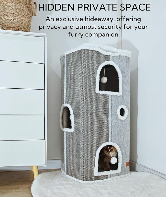 4-Level Cat House for Indoor Cats, Large Adult Cat Peekaboo Cave Bed Cats Cube Houses with Scratch Pad Cat Towers Cute Kitten Condo Hideaway Hut for Multi Pets Under 55 lbs Light Grey