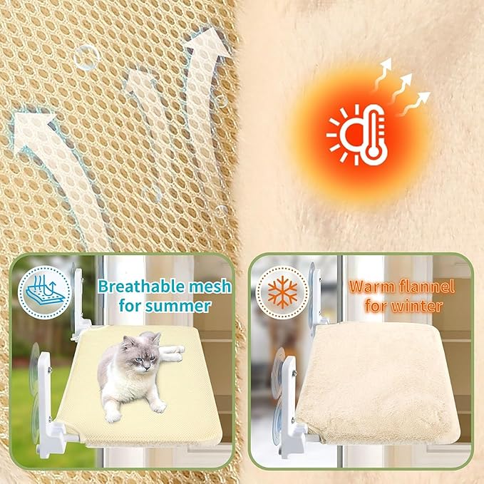Cat Window Perch, Cordless Foldable Cat Hammock Bed with Metal Frame and Reversible Cover, Indoor Window Cat Bed Hold Up to 55lbs for Medium to Large Cats, Beige