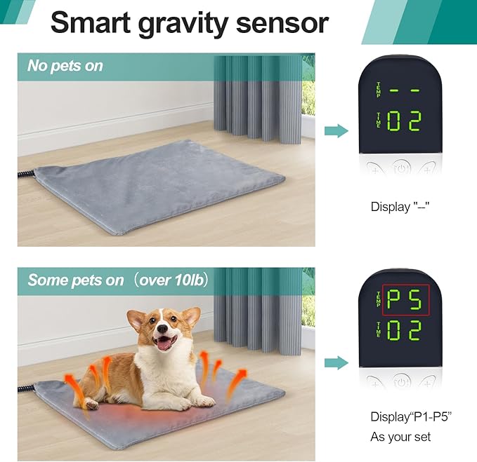 Smart Cat Heating Pad with Pressure Activated – Temperature Adjustable Heated Dog Bed with Timer - 13x17 inches - 30W - Pressure Activated Work for Pets Over 10 lbs