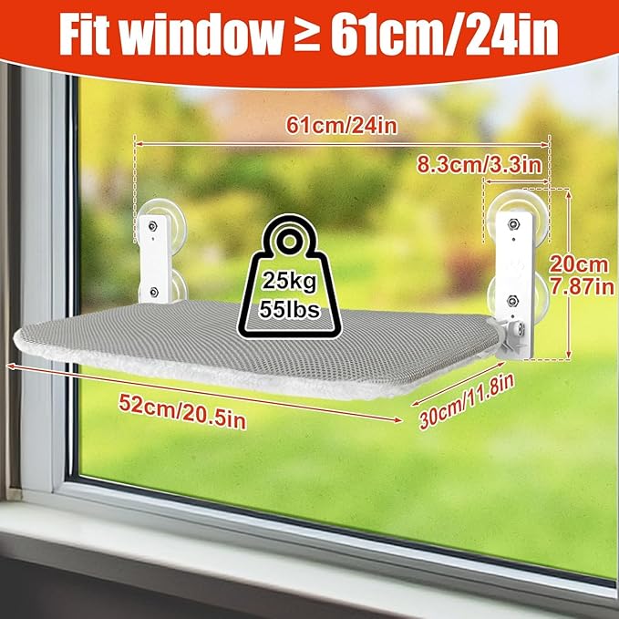Sunhoo 2PCS Cat Window Hammock Perch Cordless Window Sill Seat Bed Foldable Kitty Lounger Indoor Cats Shelf Stable Upgraded Suction Cup Easy Assembly 20.5 * 11.8in Hold Up to 55lbs (Light Gray, M)
