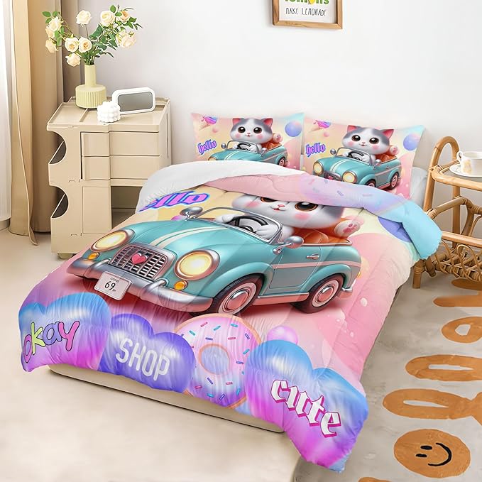 AILONEN Cute Cartoon Cat Comforter Set Twin Size for Kids Girls,Cat Racer Kawaii Rainbow Bedding Set,Funny Cat Kitten Comforter with 2 Pillowcases,3 Pieces for Bedroom