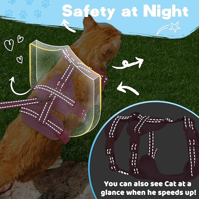 Fully Escape Proof Cat Harness and Leash Set for Walking, Adjustable Soft Kitten Vest with Reflective Strip for Small Medium Large Adult Cats, Breathable Kitty Harness,Pink M
