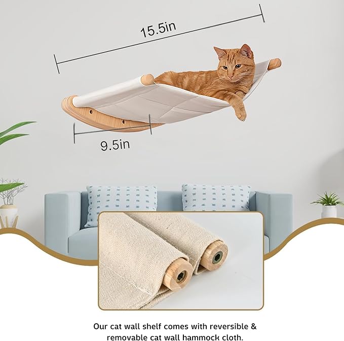 Wooden Wall-Mounted Cat Hammock with 2 Steps and Wall Shelves – Durable and Stylish Cat Lounger, Space-Saving Design, All-Natural Wood, Perfect for Indoor Cats to Climb, Rest, and Play