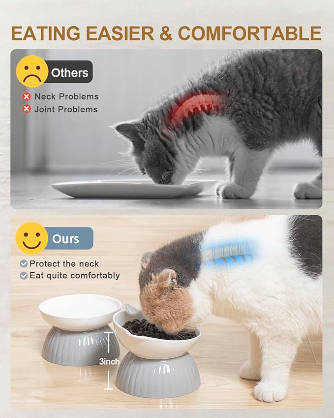 2 Ceramic Raised Cat Food Bowls, Elevated Cat Food and Water Bowl Set, Pet Bowl for Indoor Cats and Small Dogs, Anti-Vomiting Cat Dog Feeder with Plastic Base, Dishwasher Safe, Grey…
