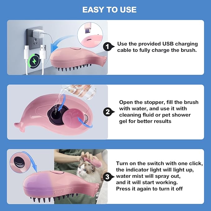 3in1 Cat Steam Brush,Multifunctional Rechargeable Cute Steamy Pet Brush for Short Or Long Hair Cats/Dogs To Massage/Clean/Eliminate Flying&Tangled Hair With USB Cable-Pink Whale