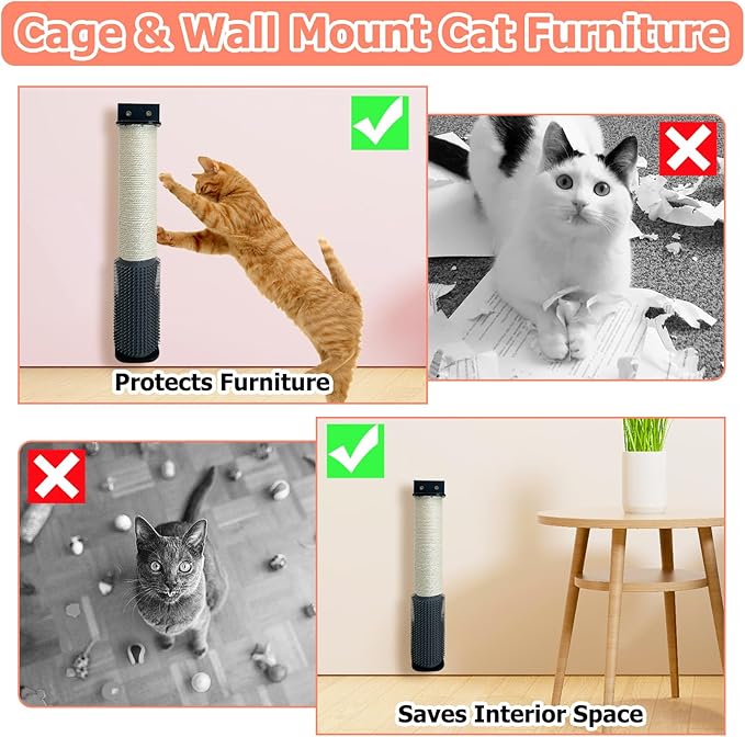 Cat Scratching Post Wall Mounted 2 Pack Cage Mount Cat Scratcher 2-in-1 Natural Sisal Kitty Scratch Posts with Self Groomer Massager for Scratch and Climbing 15.7x2.7in (White)