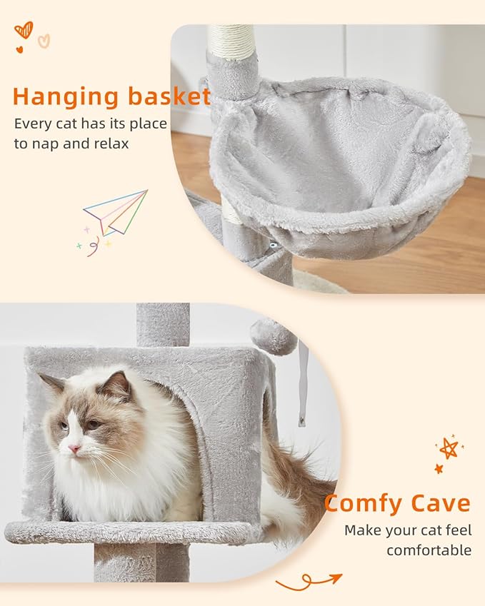 Taoqimiao Cat Tree,48.8-Inch Cat Tower for Indoor Cats,2 Luxurious cat condo with Adjustable Large Hanging Baskets and Large Luxurious Perch Light Gray MS029LW