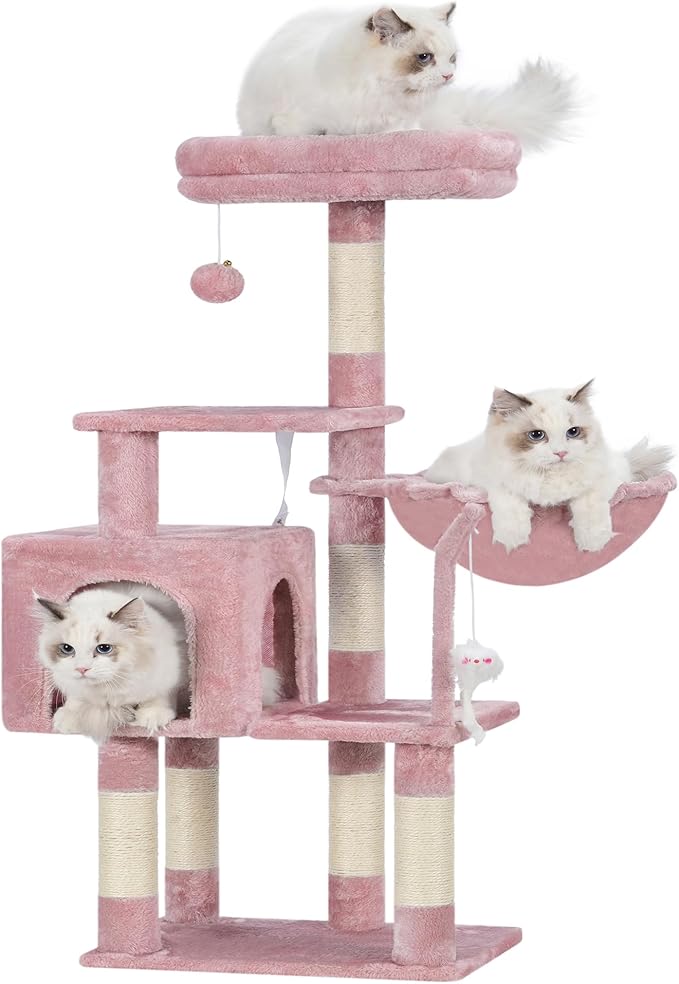 Heybly Cat Tree with Toy, Cat Tower condo for Indoor Cats, Cat House with Padded Plush Perch, Cozy Hammock and Sisal Scratching Posts, Skin Pink HCT004SP