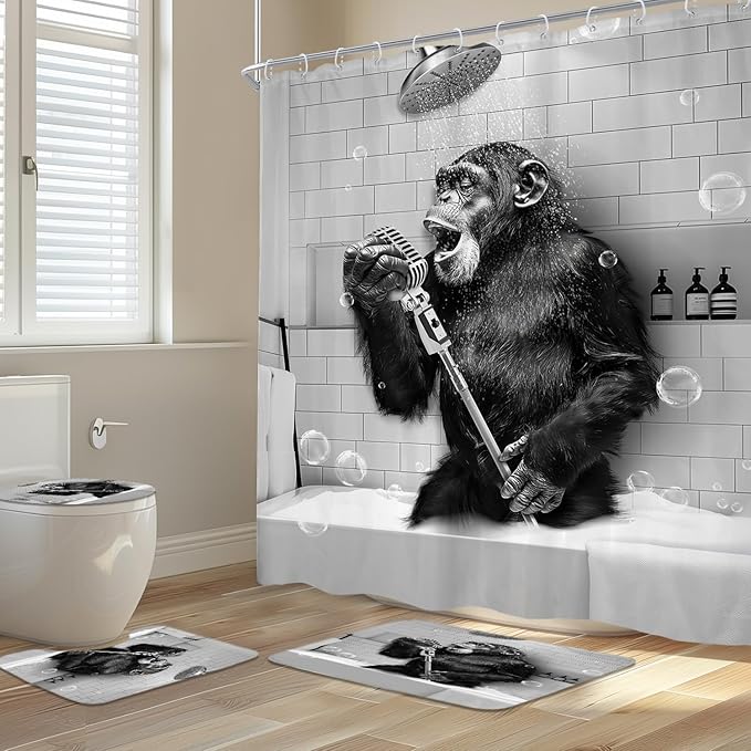 4Pcs Funny Monkey Shower Curtain Set with Non-Slip Rugs, Toilet Lid Cover and Bath Mat, Black White Animal Chimpanzee Singing in Bathtub Men Bathroom Set with 12 Hooks, Modern Cool Bath Decor