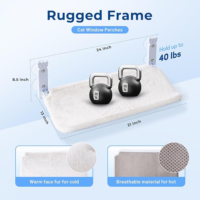 Cat Window Perch for Cats Inside, Foldable Cat Window Hammock for Cats Indoor, Cordless Cat Window Bed Seat with 4 Suction Cups, Sturdy Metal Frame, Soft Reversible Cover, Medium, White