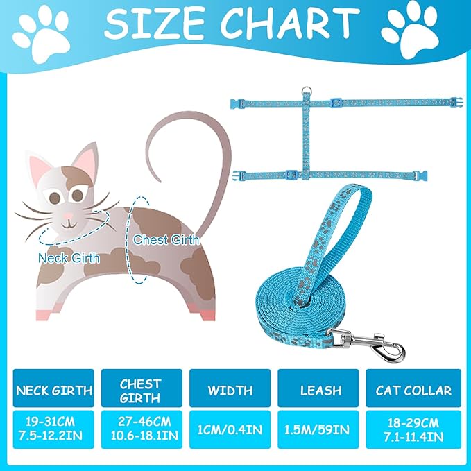 2 Pack Reflective Cat Harness and Leash Breakaway Cat Collars with Bells Escape Proof Cat Kitten Harness Adjustable for Small Medium Cats, Blue