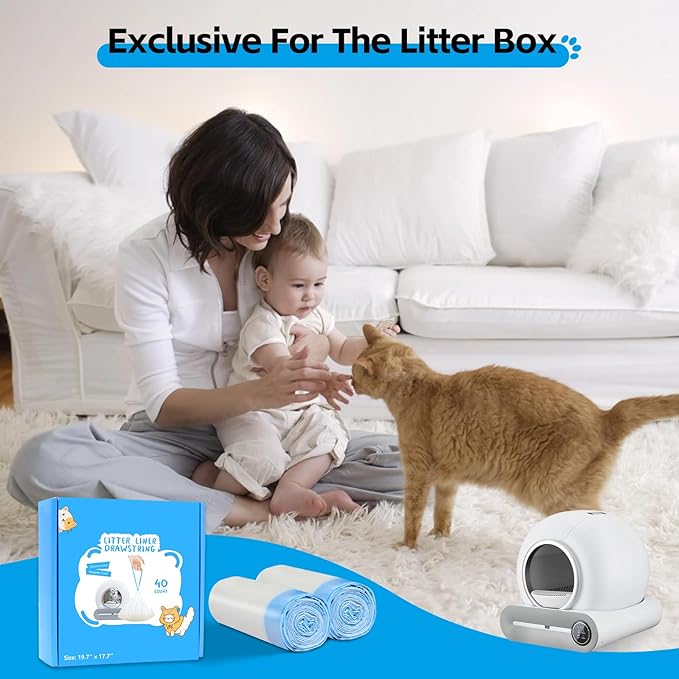 40 Count Self Cleaning Cat Litter Box Liners Bag For MeoWant MW-SC01,MW-SC02, Drawstring Heavy Duty Cat Litter Receptacles Bags Compatible with Automatic Cat Litter Box-17.7" x 19.68"