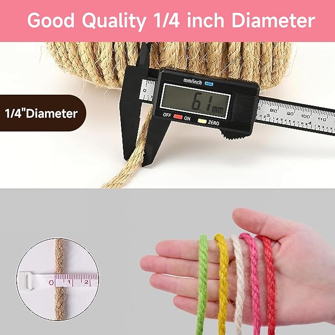 Multicolor Natural Hemp Rope, Cat Scratching Posts Replacement Rope,Repair and Replace Scratching Post cat Tree, 1/4" Rope Cat Scratch Post DIY Jute Twine,Come with a Play Ball.(164FT, Pink)