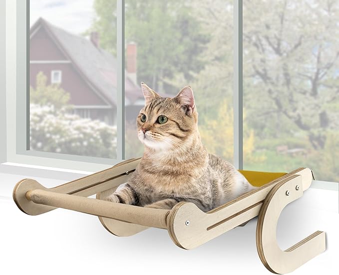 Cat Window Perch with Comfortable Bedding - Cat Perch for Window & Wall - Easy to Install Wooden Cat Window Hammock - Window Cat Perch for Small & Large Cats (Yellow & Beige)