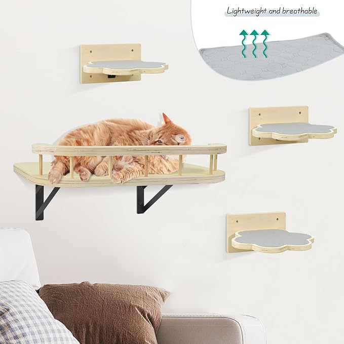 Cat Wall Shelves with Cooling Mat and Plush Cushion, Cat Shelves and Perches for Wall with 3 Wall Steps, Cat Wall Furniture Cat Climbing Shelf Cat Scratching Post for Sleeping, Playing, Gift for Cat