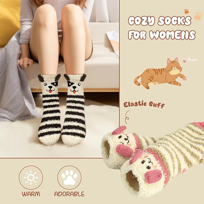 3-6 Pairs Womens Fuzzy Socks Cozy Fluffy Slipper Socks Cute Soft Cat Animal Winter Warm Sleep Socks Gifts