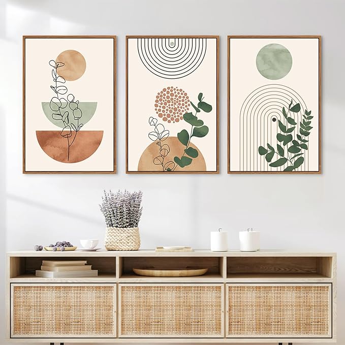 Ausril Boho Terracotta Green Framed Canvas Wall Art Set, Abstract Bohemian Wall Decor, Mid Century Modern Geometric Wall Painting, Neutral Botanical Art Print Living Room, Bedroom, Office 16"x24"x3