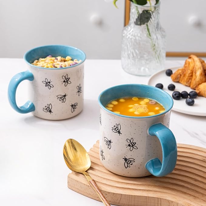 AmorArc 22 OZ Large Ceramic Coffee Mugs, Oversized Soup Cups With Big Handle for Men Women Dad Mom, Big Mug With Textured Bees Patterns for Office & Home -Microwave Safe, 2 Pcs-Blue
