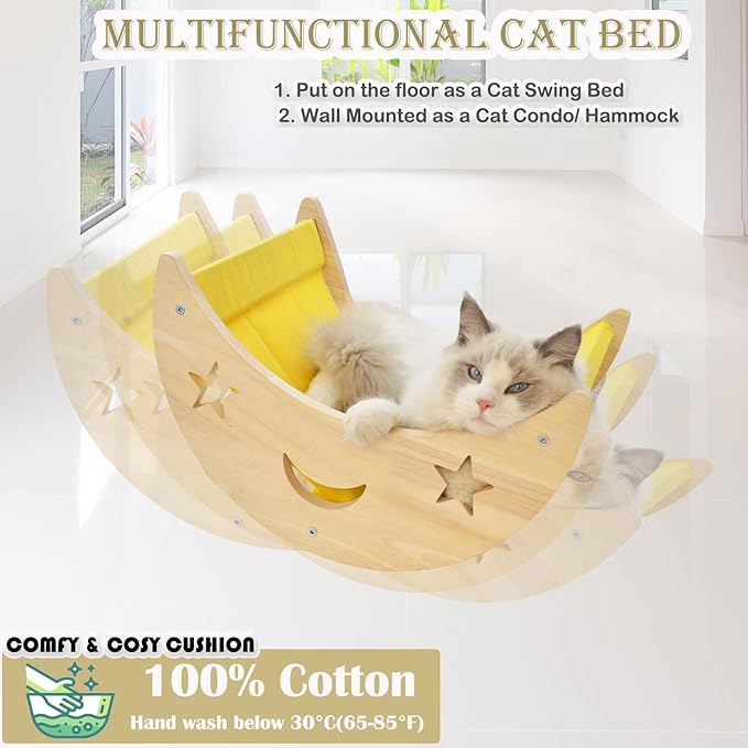 Cat Hammock Moon Bed Wall Mounted Shelf Cat Wall Shelves and Perches Solid Wood Cat Wall Furniture Cats Wall Bed for Cats and Kitty Easy Installation-Single Moon