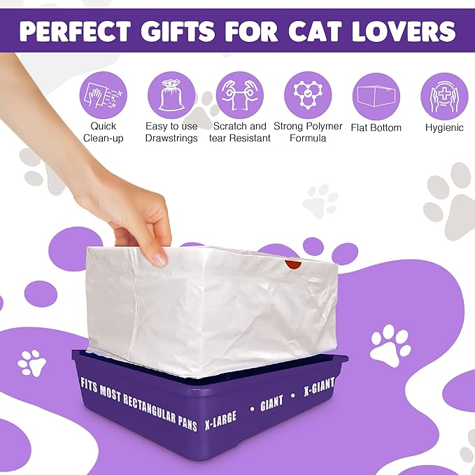 Alfapet Litter Box Liner Flat Bottom Pack of 10 - Super Heavy Duty Kitty cat Litter Bags with Drawstring for Poop and Liquid Waste - Jumbo Design for Extra Large Cat Pans