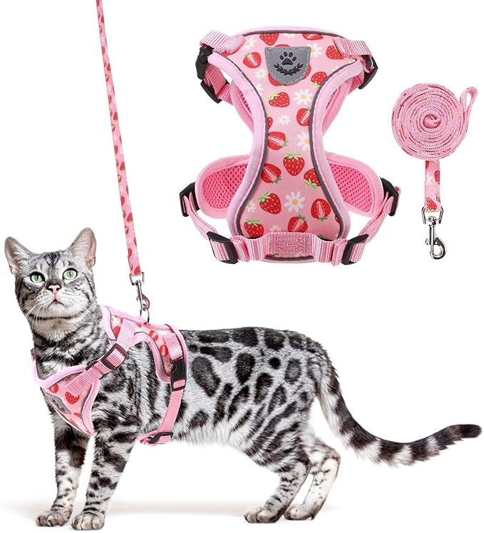 KOOLTAIL Cat Harness and Leash Set, Escape Proof for Safe Walking & Travel, Reflective Comfortable Easy Control Adjustable Kitten Harness for Boys&Girls Small Medium Large Cats Strawberry S