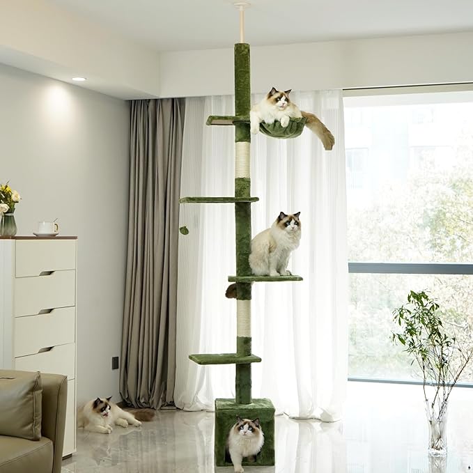 Floor to Ceiling Cat Tree, 5-Tier Height (95-109 inches) - Adjustable Cat Climbing Tower with Sisal Scratching Posts, Cat Condo, Hammock, Platforms, and Hanging Balls