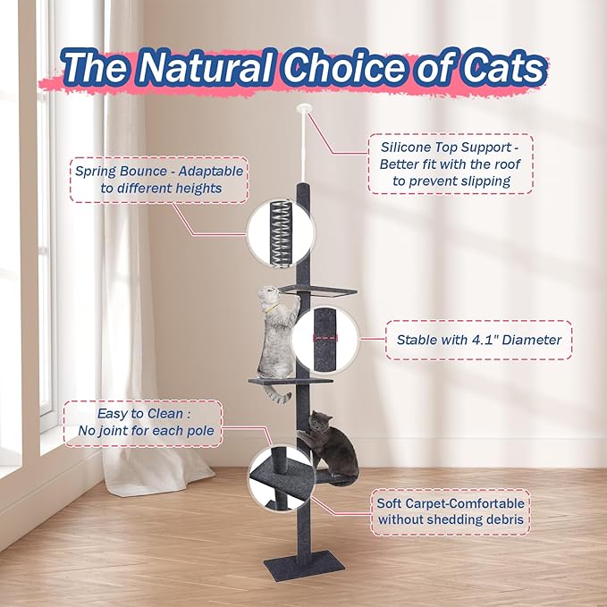 Cat Craft Cat Tree Floor to Ceiling 95-108" Tall Cat Tree Carpet Cat Tower Kitten Tree Sisal Scratching Post and Mat Cat Pole for Indoor Cats, Charcoal, Style A