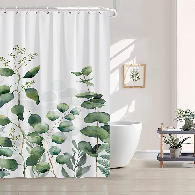 AWERT Small Half Size Stall Shower Curtain with 6 Hooks Shower Stall Curtain 48 x 72 Plant Sage Green Leaves 36 inch Shower Curtain for Bathroom/RV and Camper (Green Leaves)