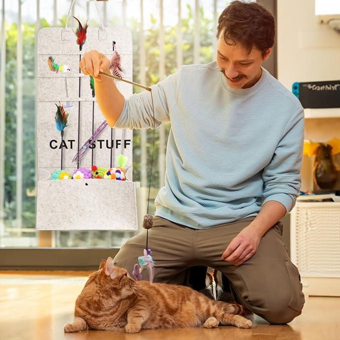 2 Pack Cat Toy Storage, Hanging Cat Teaser Wand Holder for Neatly Organization, Durable Feather Pet Toy Organizer Bag with Handle for Indoor Cat, Pet Supplies, Feline Safety