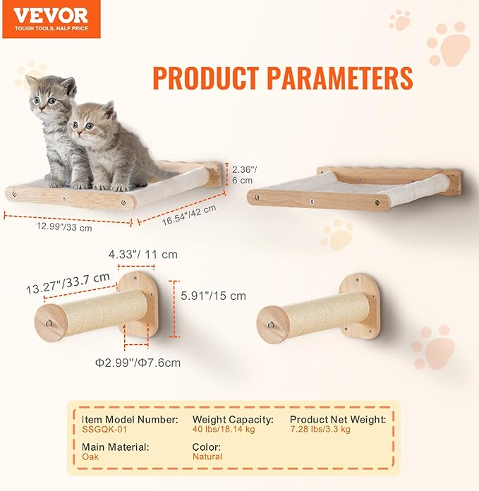 VEVOR Wall Mounted Cat Shelves, Cat Wall Shelves and Perches with Jumping Posts & Hammocks, Cat Furniture Set up to 40 lbs, Removable & Washable Coral Fleece for Sleeping, Playing, Climbing, Set of 4