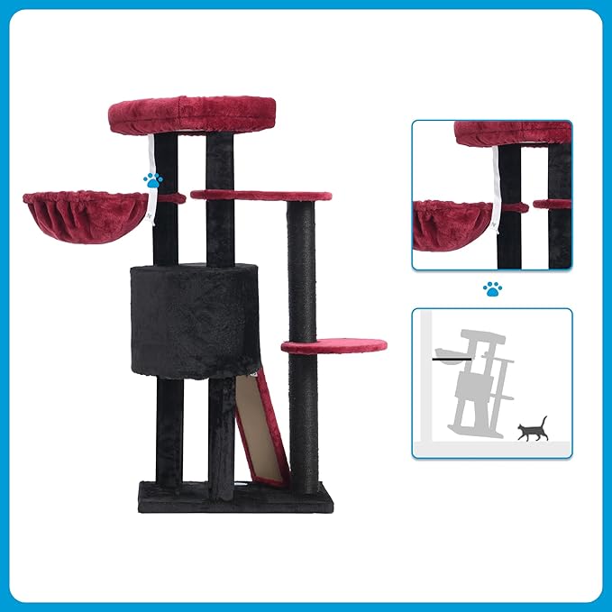Hey-brother Gothic Cat Tree with Scratching Board, Cat Tower with Padded Plush Perch and Cozy Basket, Multi-Platform for Jump, Black and Red MPJ005BR