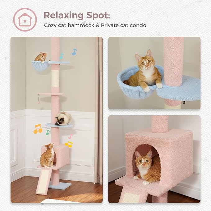 PETEPELA Floor to Ceiling Cat Tree, Cat Tower 5 Tiers Tall (83-108 Inches) Adjustable Height, Cat Climbing Tree Featuring with Cat Condo, Cat Scratching Post and Cat Perches for Indoor Cats, Blue