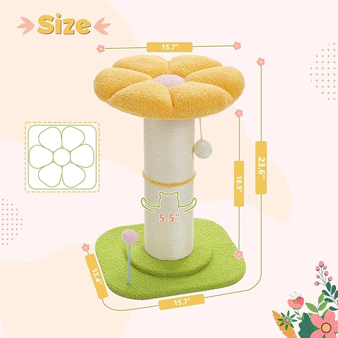 PEQULTI Flower Cat Scratching Post, Small Cat Tree, Tall Cat Scratcher for Indoor Cats with Super Thick Scratching Post [Dia=5.5''], Removable Flower Cat Bed, Cat Scratch Post with Spring Ball, Yellow