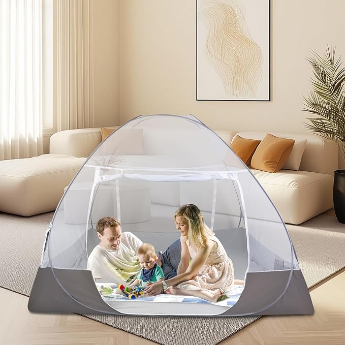 AMMER Portable Mosquito Net Tent for Beds, Pop-Up Foldable Mosquito Netting Folding Design with Net Bottom,2 Entries,Suit for Twin to King Size Bed (79x71x59inch)