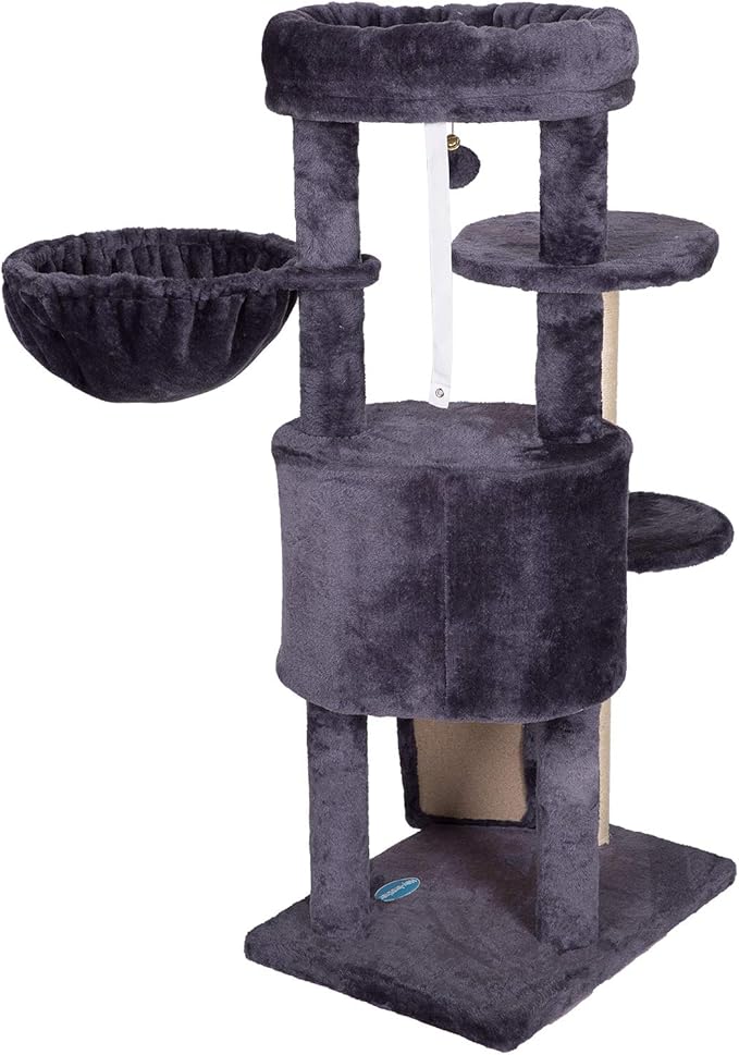 Hey-brother Cat Tree with Scratching Board, Cat Tower with Padded Plush Perch and Cozy Basket, Multi-Platform for Jump, Smoky Gray MPJ005G
