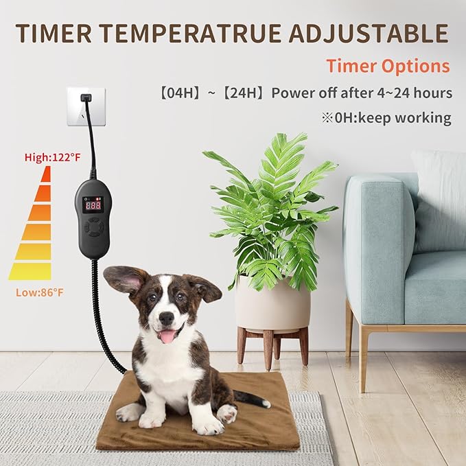 NAMOTEK Pet Heating Pad Adjustable Temperature with Timer, Waterproof Heated Mat with Chew Resistant Cord, Auto Power-Off Electric Indoor Pet Heat Pad for Dogs and Cats
