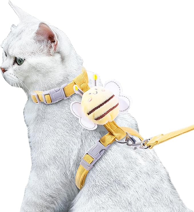 Cat Harness and Leash Set for Outdoor Travel Walking Escape Proof Soft Safe Adjustable Kitten Puppy Small Strap Kitty Cute Bee Wings Yellow S