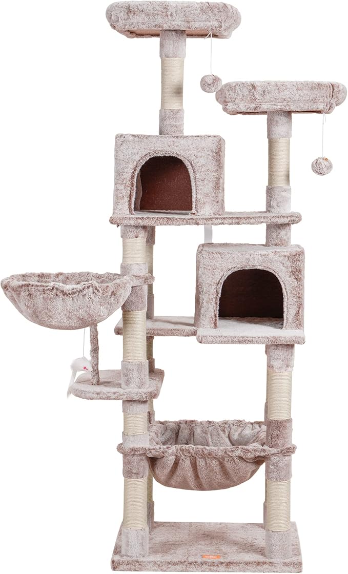 Heybly Cat Tree, 70 inches Tall Cat Tower condo with Toy for Indoor Large Cats, Cat House Furniture with Padded Plush Perch, Cozy Hammock and Sisal Scratching Posts,Muchroom HCT032MU