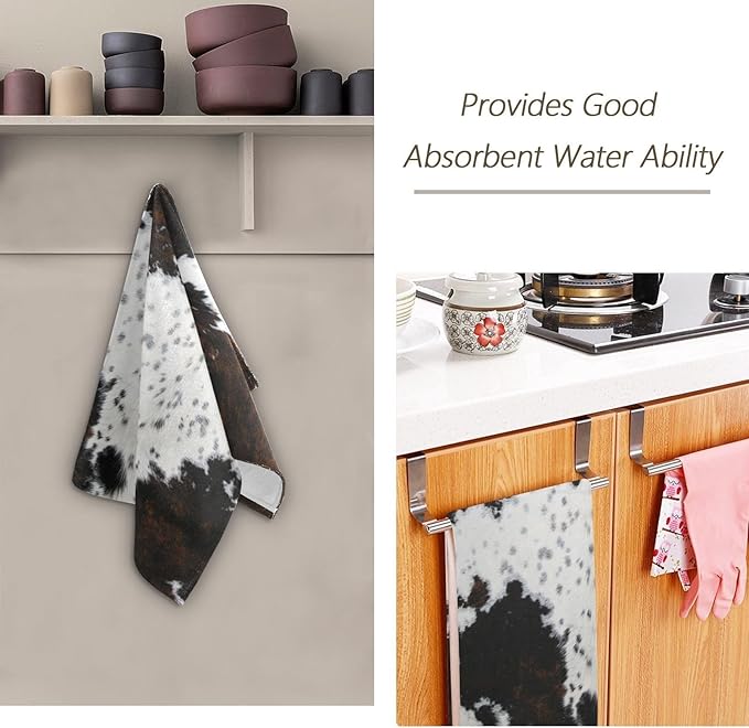 2 Pack Cow Fur Hand Towels for Bathroom,Soft Absorbent White Black Brown Cow Print Country Farmhouse Bath Hand Towels for Kitchen,Decorative Guest Bathroom Towels for Face,Shower,Gym 14"x28"