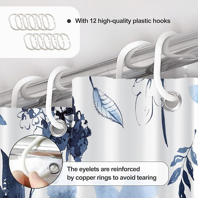 AWERT Blue Floral Watercolor Ink Flowers Shower Curtain With Hooks - Waterproof Fabric for Bathroom Decor 72x78inch