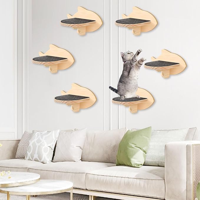 kathson 6 Pcs Cat Shelves for Wall Cat Wall Mounted Shelves Cat Wall Steps Wood Cat Climbing Shelves Cat Stairs with Non Slip Felt Cat Ladder Cat Wall Furniture for Springboard Playing (Fish Shape)