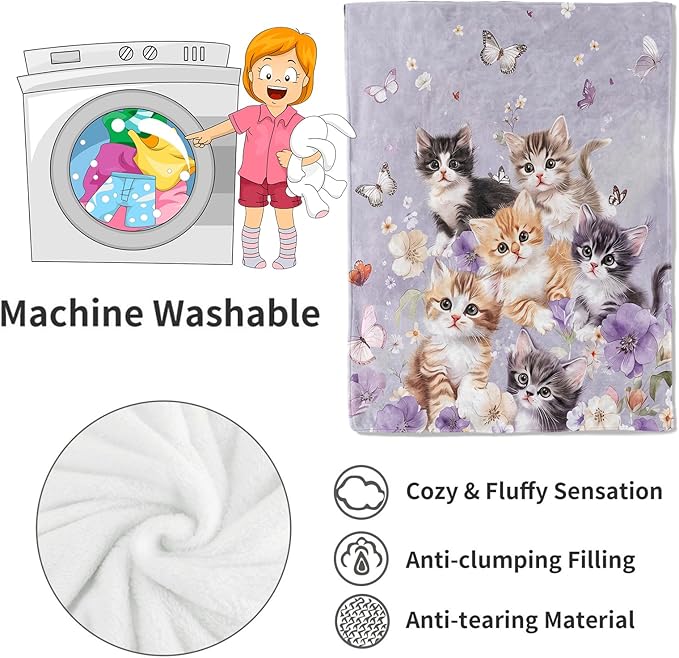 Adorable Kitten Blanket Cute Cat and Butterfly on Lavender Throw Blankets Gifts for Girls Women Adults Lightweight Soft Fleece Cozy for Sofa Couch Bed Room Travel Birthday Decor 60x80in
