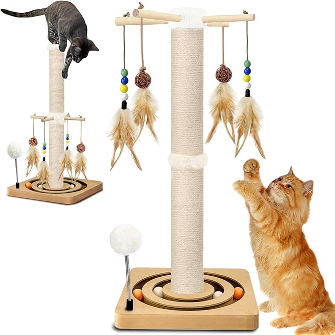 Cat Scratching Post, Sisal Scratching Posts for Indoor Cats Adults, 2 Mounting Methods Cat Scratcher with Hanging Ball and Interactive Toys for Kitten Cats, 25 inches