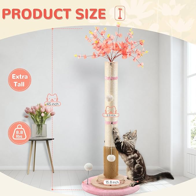 45'' Tall Cat Scratching Post,3.5Inch Diameter Sisal Rope Scratching Post for Indoor Cats Adults Kittens,Cat Scratcher with Interactive Ball Toys Self Groomer Brush for Large Cats (45 inch)