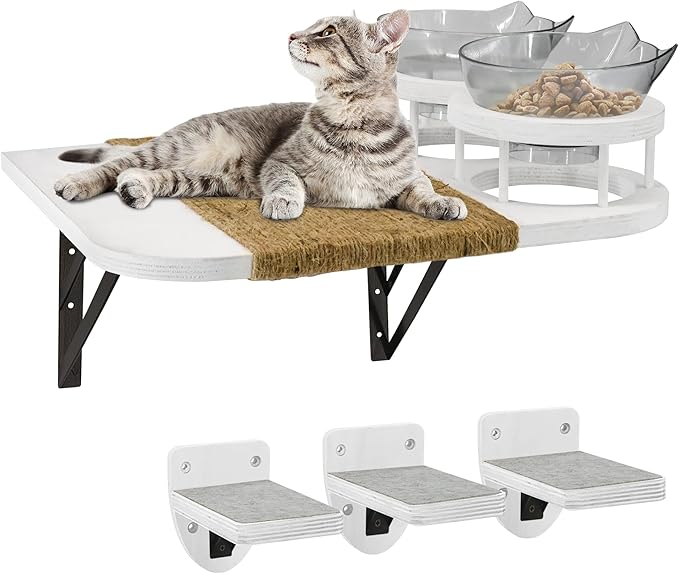 Cat Wall Shelves with 3 Steps, Cat Shelves and Perches for Wall, Cat Wall Furniture Set, Cat Climbing Shelves Cat Wall Shelf with 2 Cat Food Shelf and Plush Covered, Gift for Cat