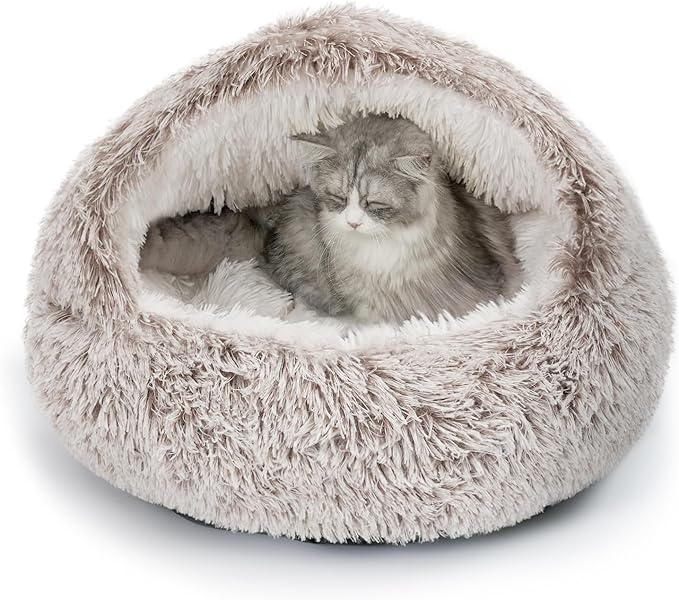 CATISM Cat Bed, Plush Hooded Cat Beds for Indoor Cats, Calming Cat Nest, Self Warming Cat Bed Cave, Cozy Cat Pod for Indoor Cat or Small Dog, Removable Washable Cat Cove with Non-Slip Bottom