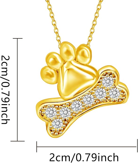 925 Sterling Silver Plated Gold Cute Paw Print Pendant Necklace for Women Dog Bone Necklace Cat Pet Paw Puppy Gifts for Dog Pet Lover Paw Animal Jewelry 18 inches Birthday Party